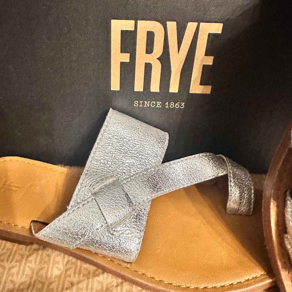 FRYE Women's Felix Band Slide Sandals in a metallic silver color